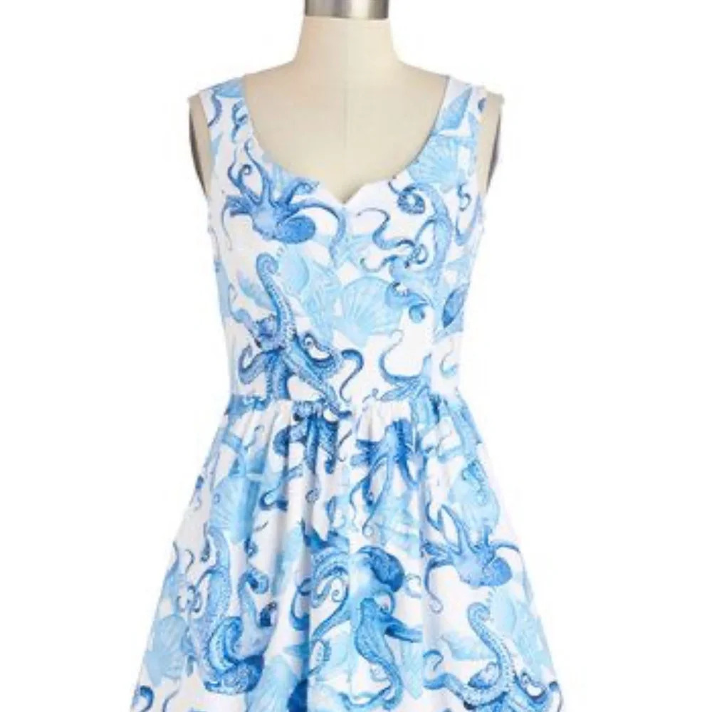 Modcloth White and Blue Octopus Print Fit-and-Flare Dress